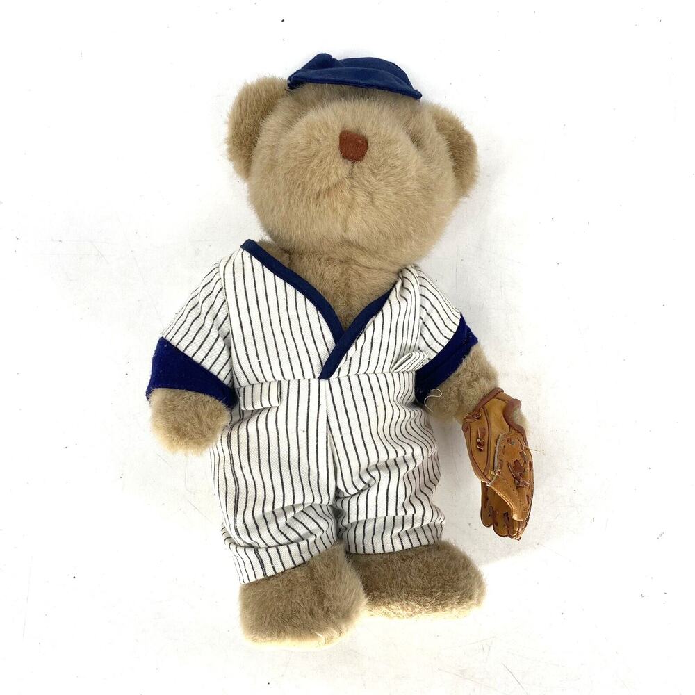 Vintage Bearland Baseball Teddy Bear Plush Pinstripe Uniform Leather Glove Toy - Picture 3 of 9